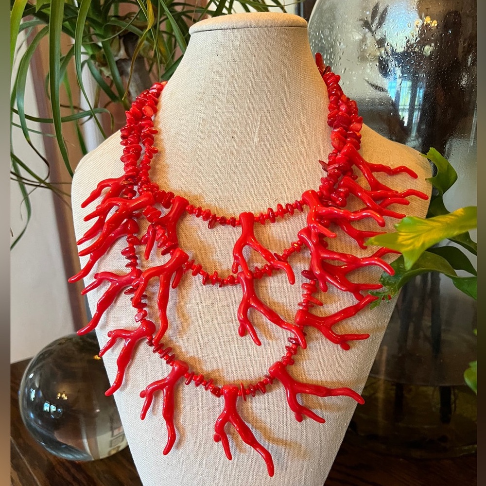 Vibrant Red Coral Branch Triple-Strand Necklace